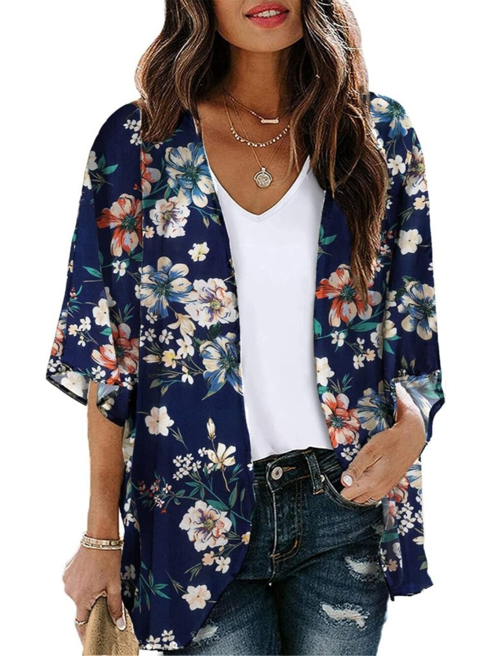 Women's Navy Blue Chiffon Kimono Cardigan Open Front Blouse Swimwear Cover Up